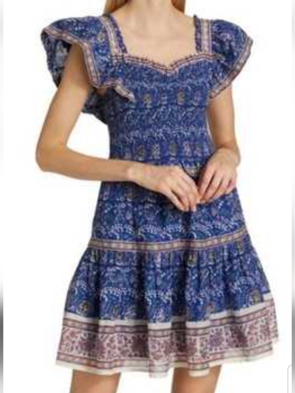 SEA New York Rosita Border Smocked Mini Dress Blue Multi Floral Size XS